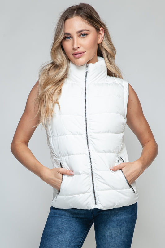 Vest-Zip Up Turtleneck with Pockets-White