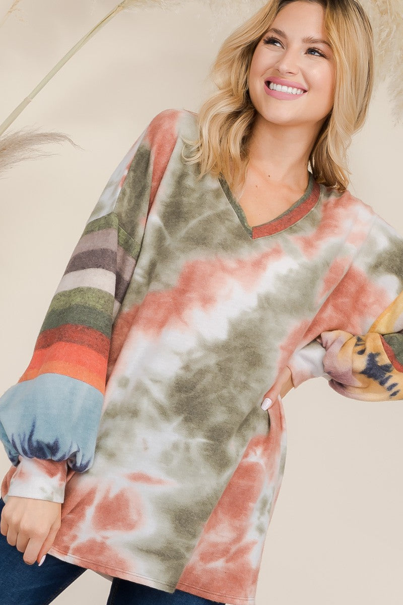 Top-Tie-Dye Striped V-Neck Long Sleeve