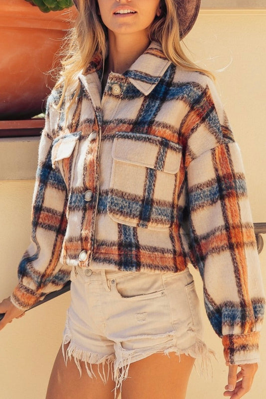 Jacket-Brushed Plaid Crop with Pockets