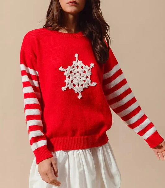 Sweater-A Christmas Snowflake Crochet Embellished-Red/Ivory