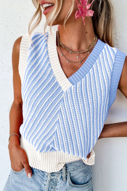 Sweater-Striped Contrast V-Neck Vest