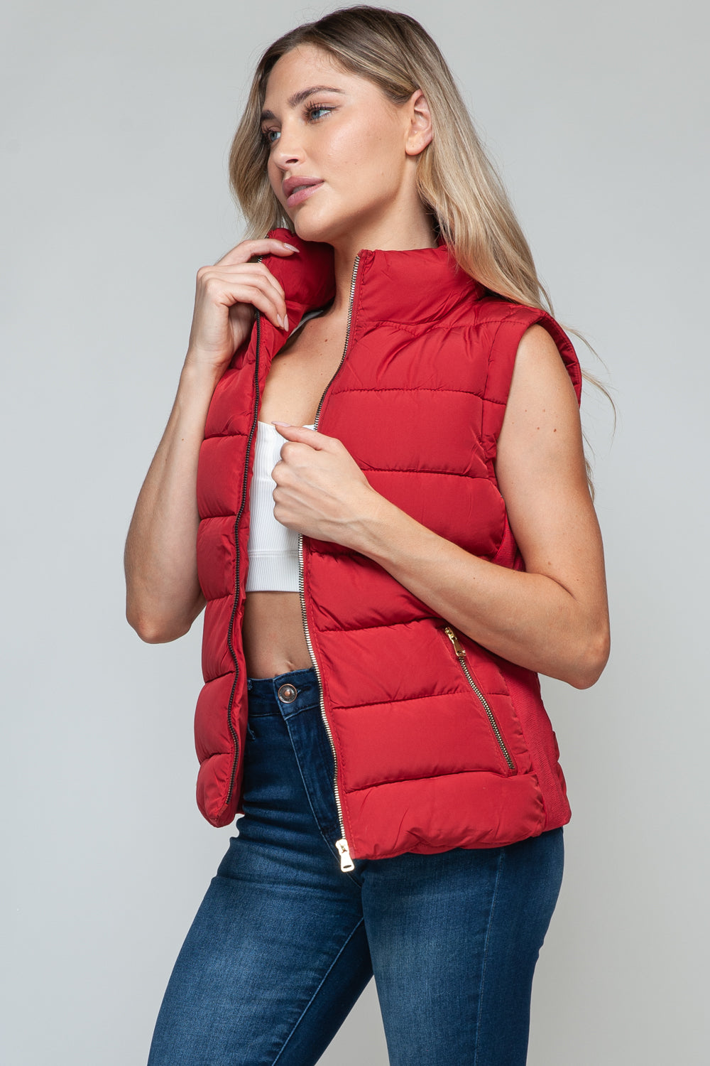 Vest-Zip Up Turtleneck with Pockets-Red