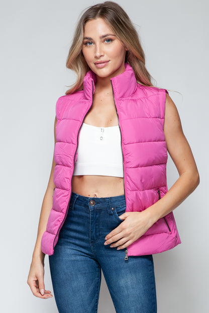 Vest-Zip Up Turtleneck with Pockets-Pink