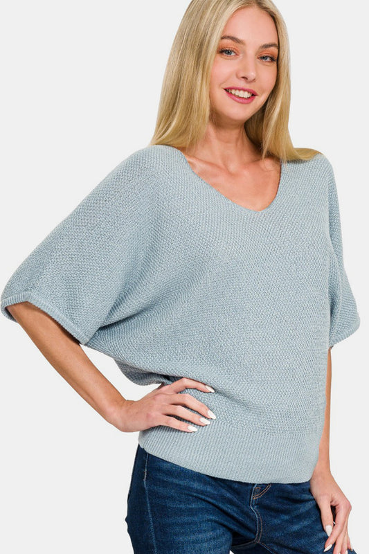 Sweater-V-Neck Short Sleeve-Blue Gray