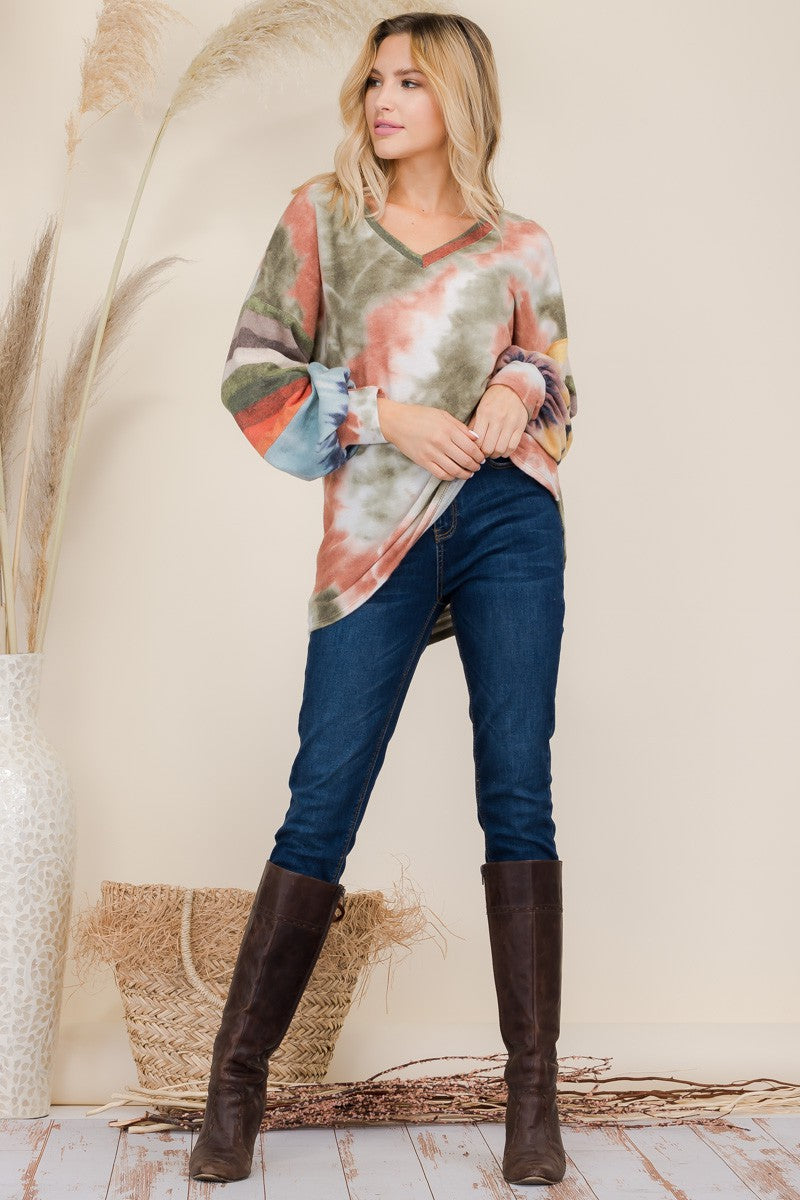 Top-Tie-Dye Striped V-Neck Long Sleeve