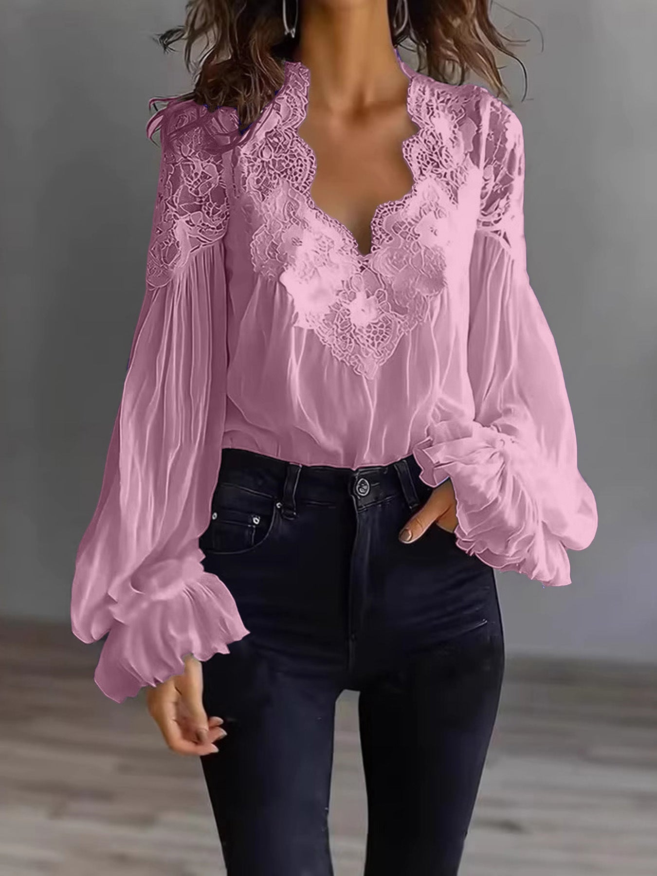 Blouse-Lace Patchwork Puff Sleeve Pleated
