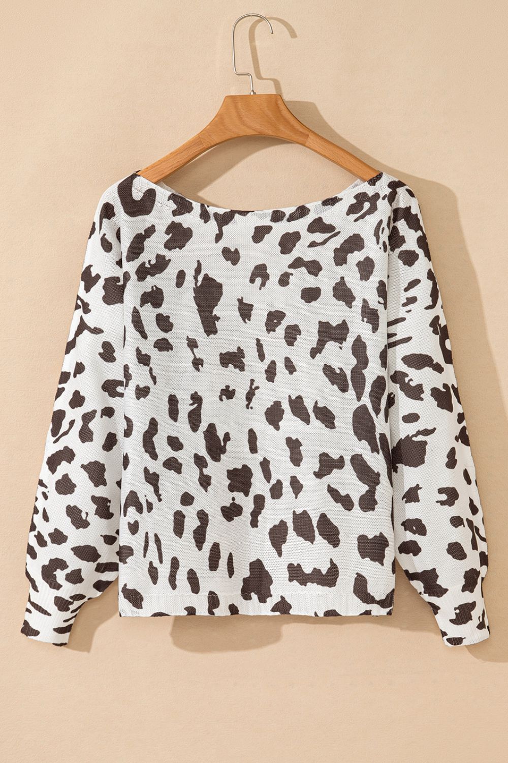 Top-Leopard Boat Neck Long Sleeve Knit