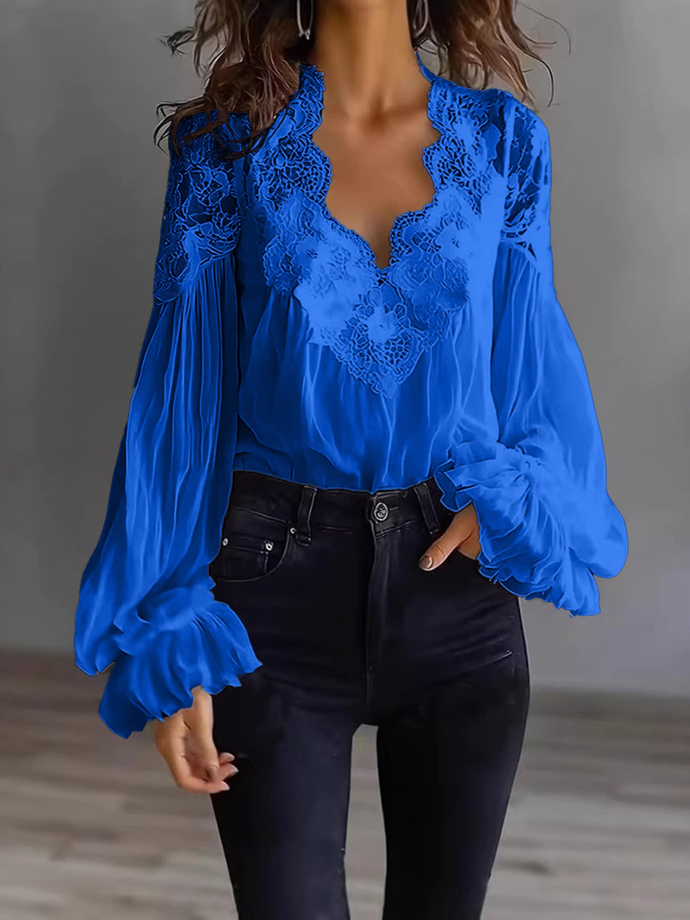 Blouse-Lace Patchwork Puff Sleeve Pleated
