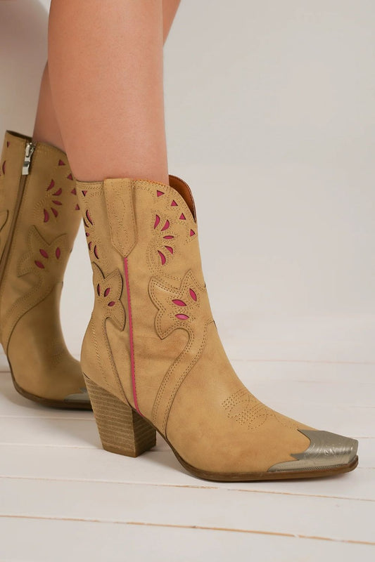 Boots-Fashion Cut-Out Floral Embroidery-Camel/Rose