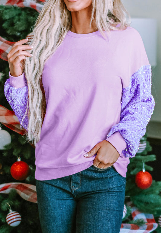 Sweatshirt-Sequin Round Neck Long Sleeve