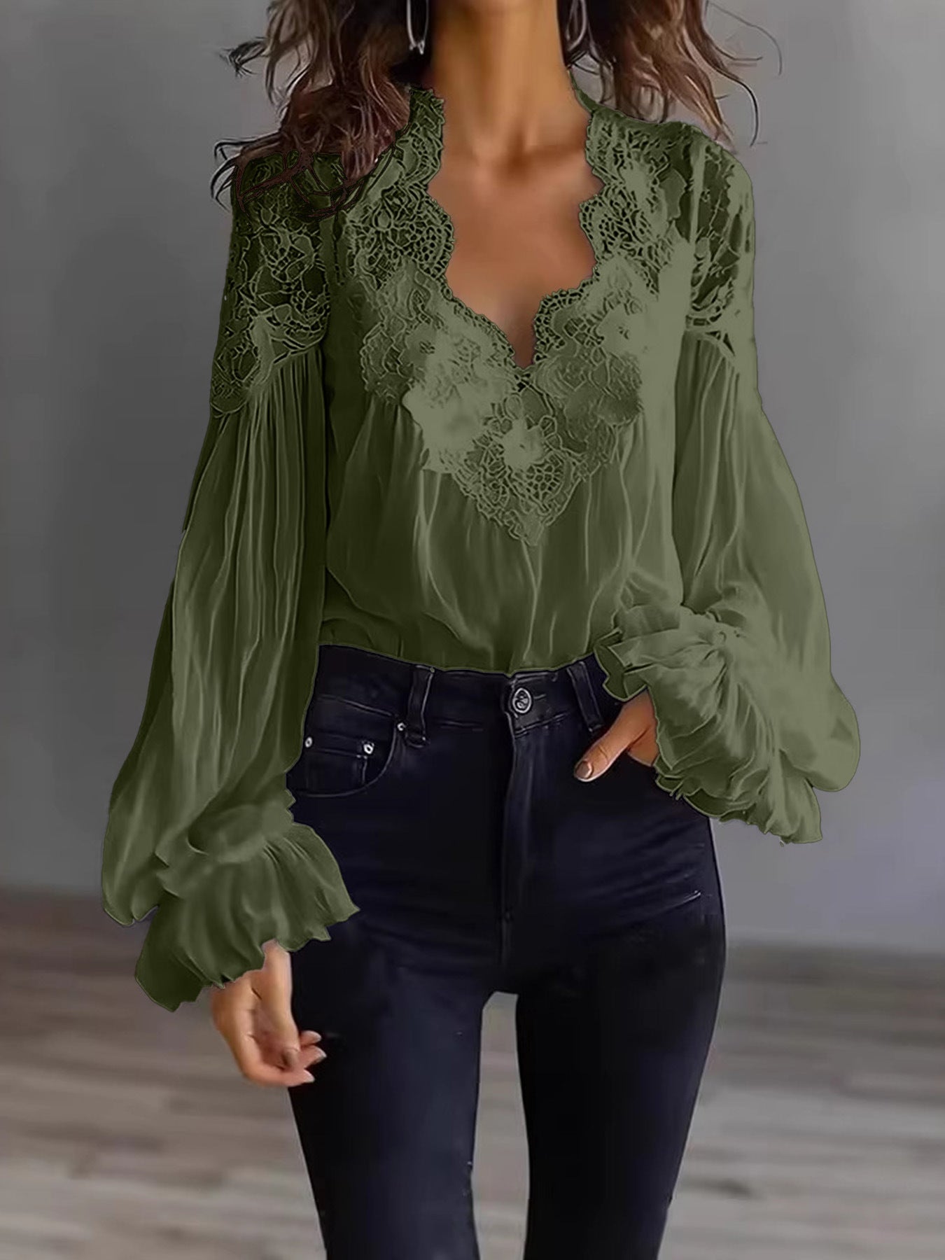 Blouse-Lace Patchwork Puff Sleeve Pleated