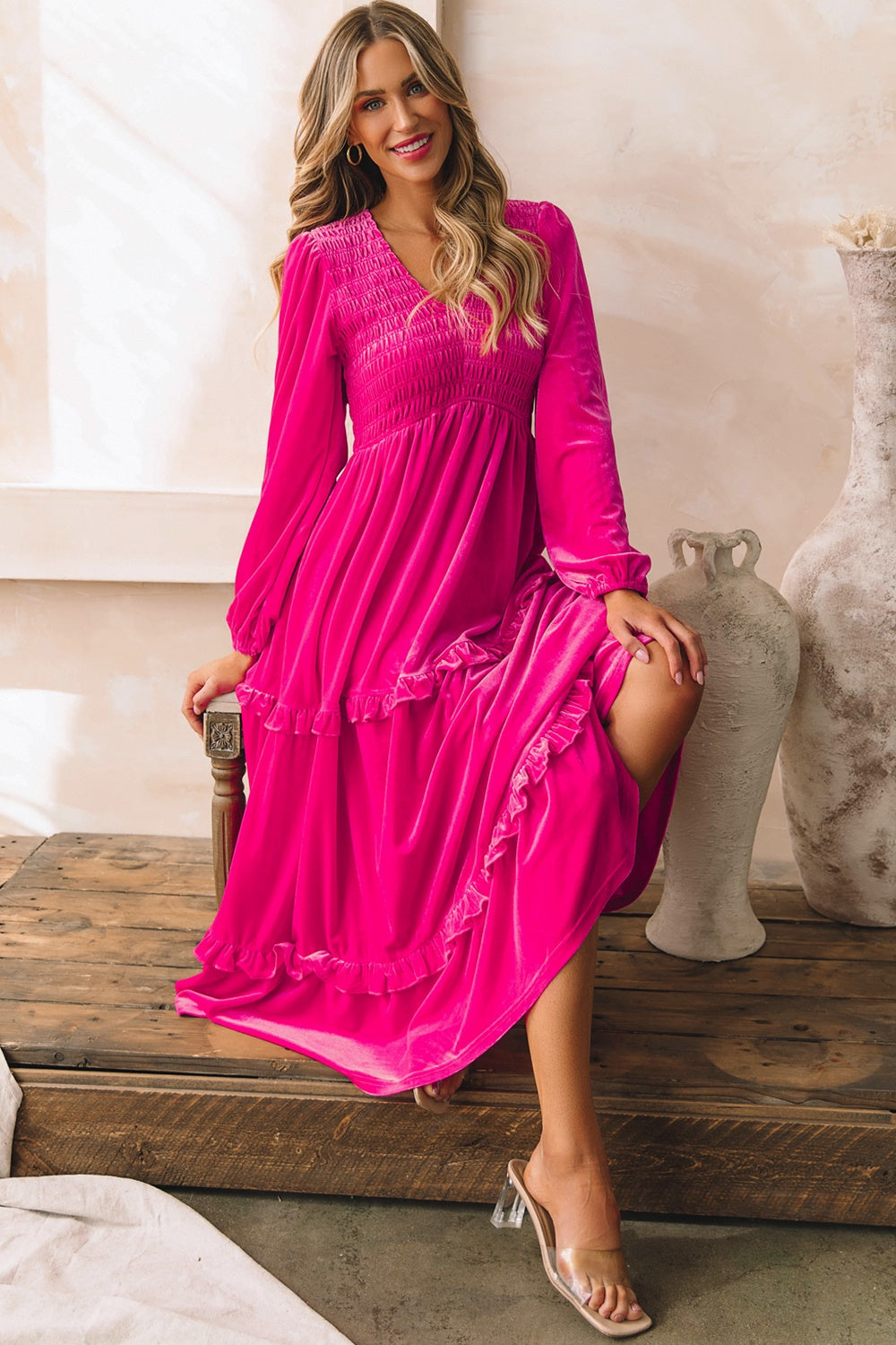 Dress-Smocked Velvety V-Neck Balloon Sleeve