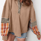 Top-Beige Waffle Stripe Plaid Patchwork Henley Knit