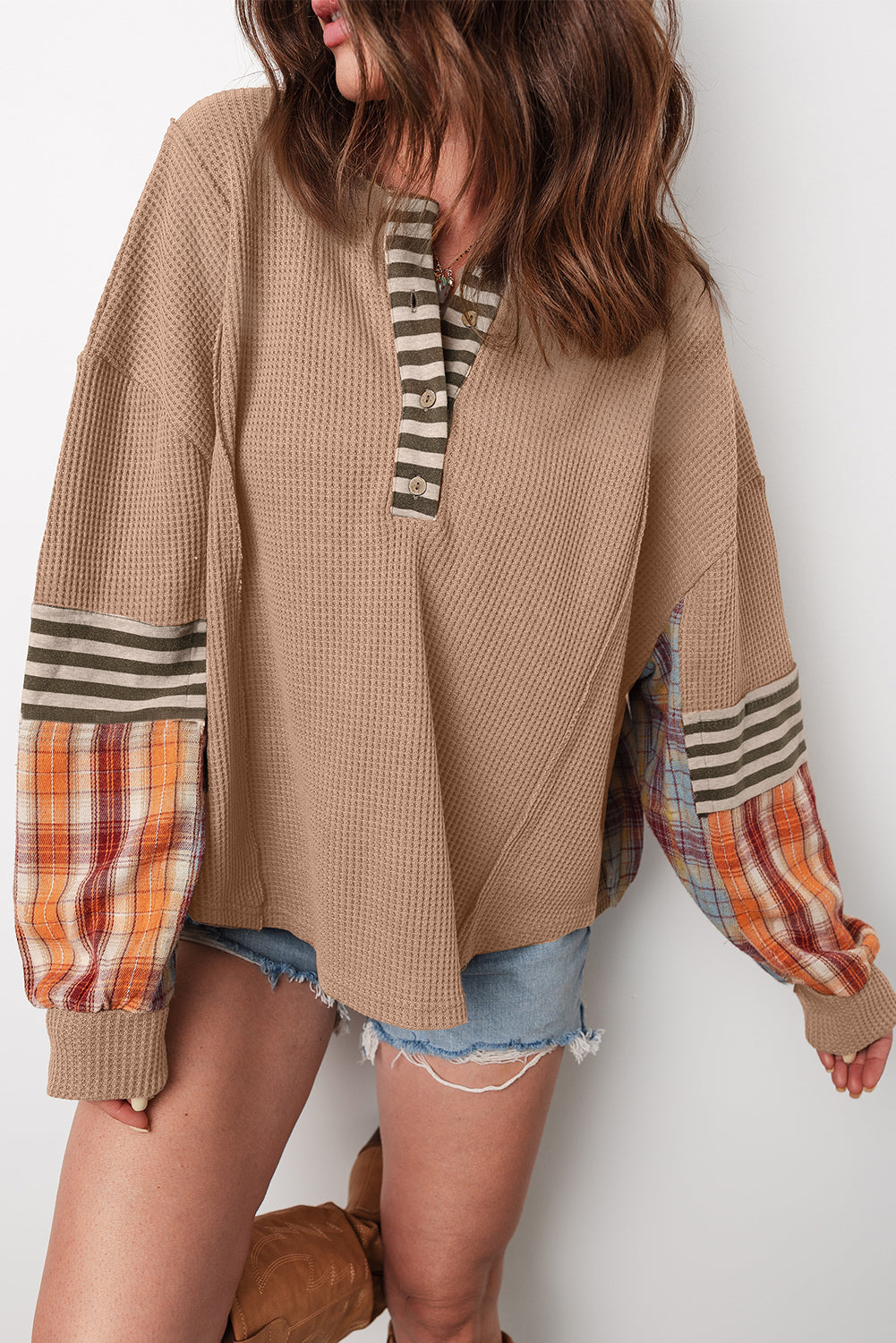 Top-Beige Waffle Stripe Plaid Patchwork Henley Knit