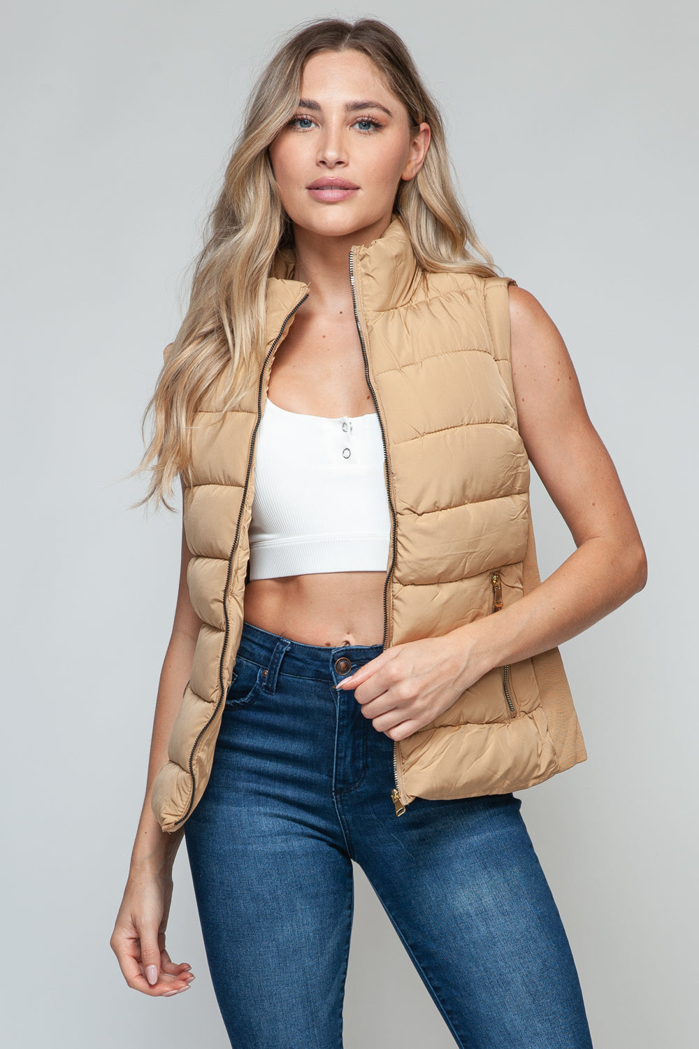 Vest-Zip Up Turtleneck with Pockets-Camel