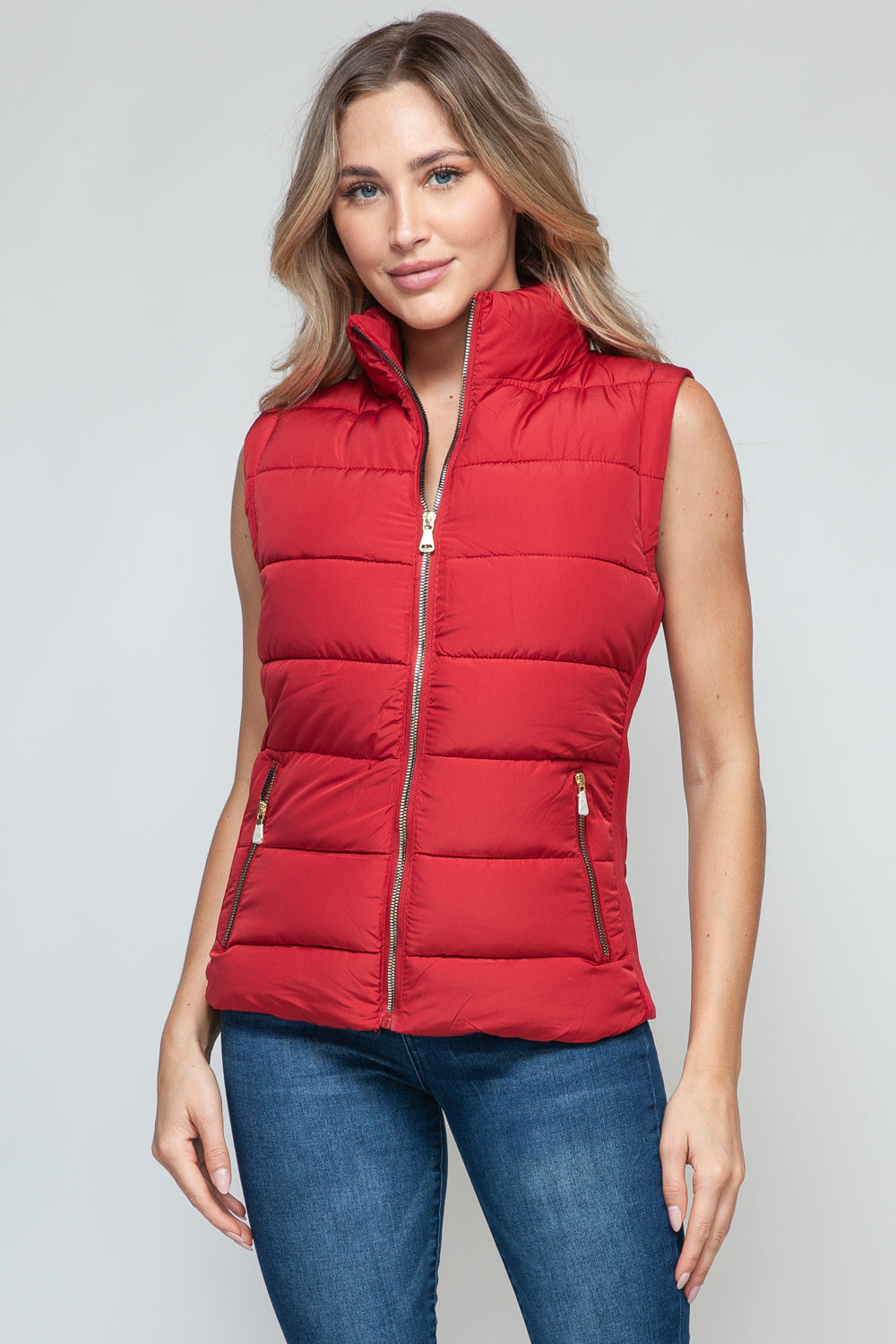 Vest-Zip Up Turtleneck with Pockets-Red