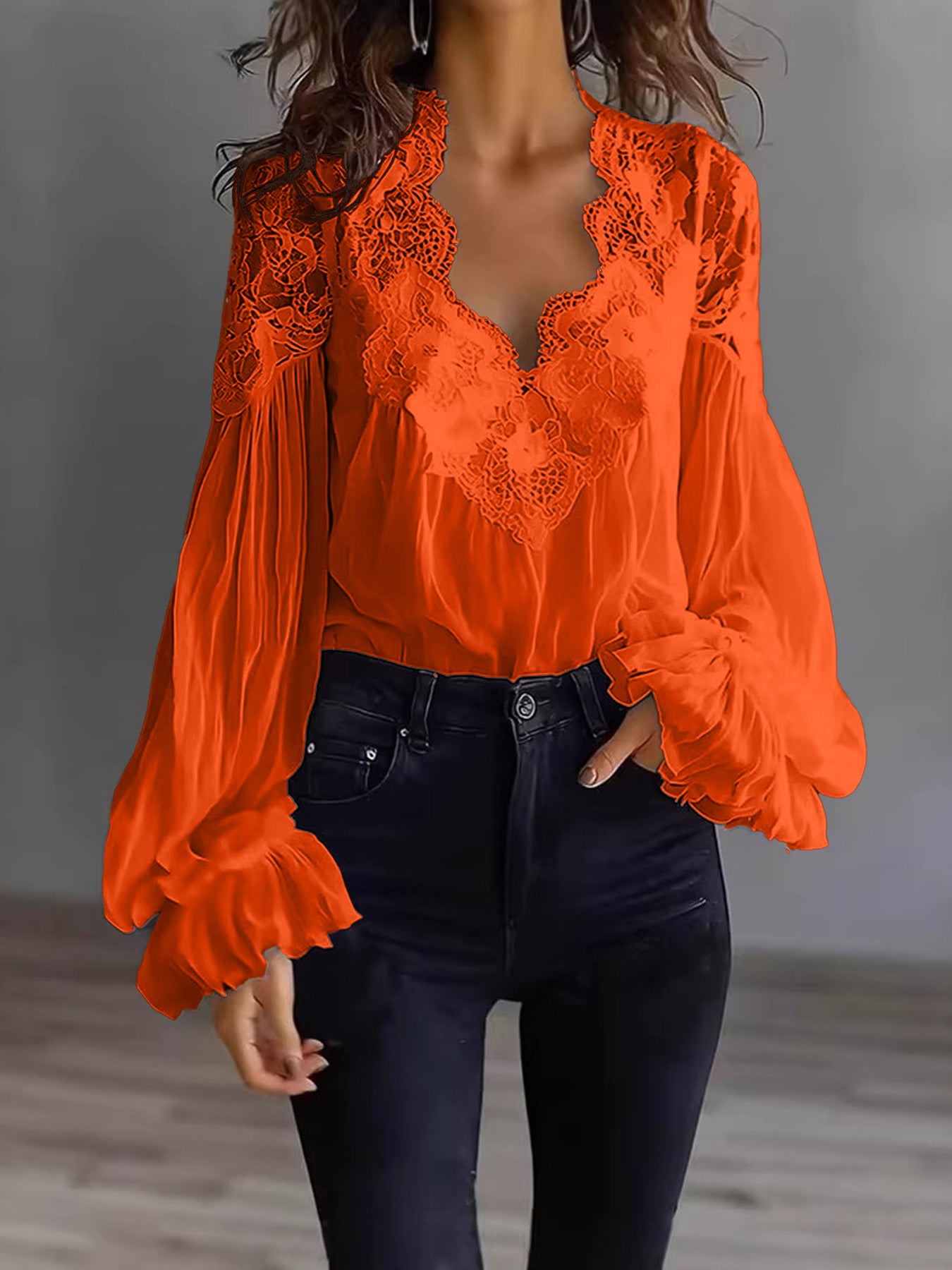 Blouse-Lace Patchwork Puff Sleeve Pleated