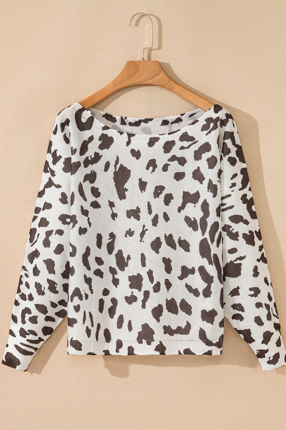 Top-Leopard Boat Neck Long Sleeve Knit