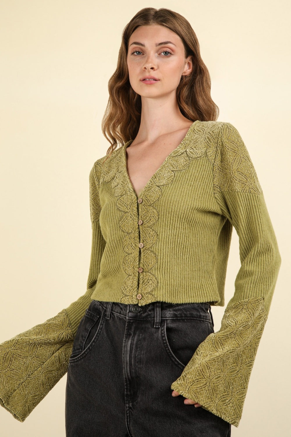 Top-V-Neck Lace Detail Button Down Ribbed Crop