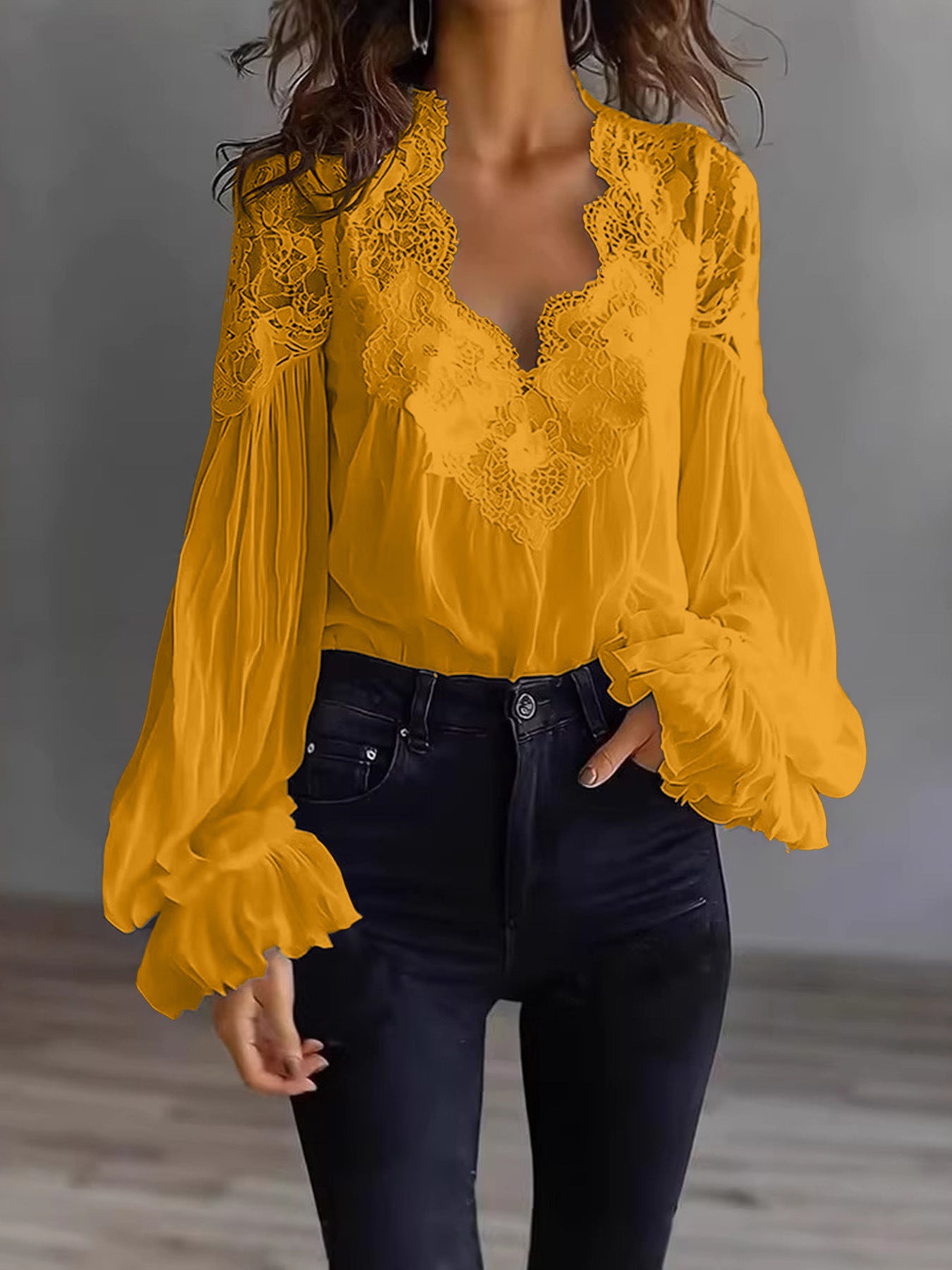 Blouse-Lace Patchwork Puff Sleeve Pleated