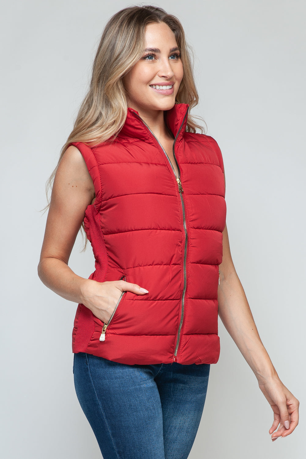 Vest-Zip Up Turtleneck with Pockets-Red