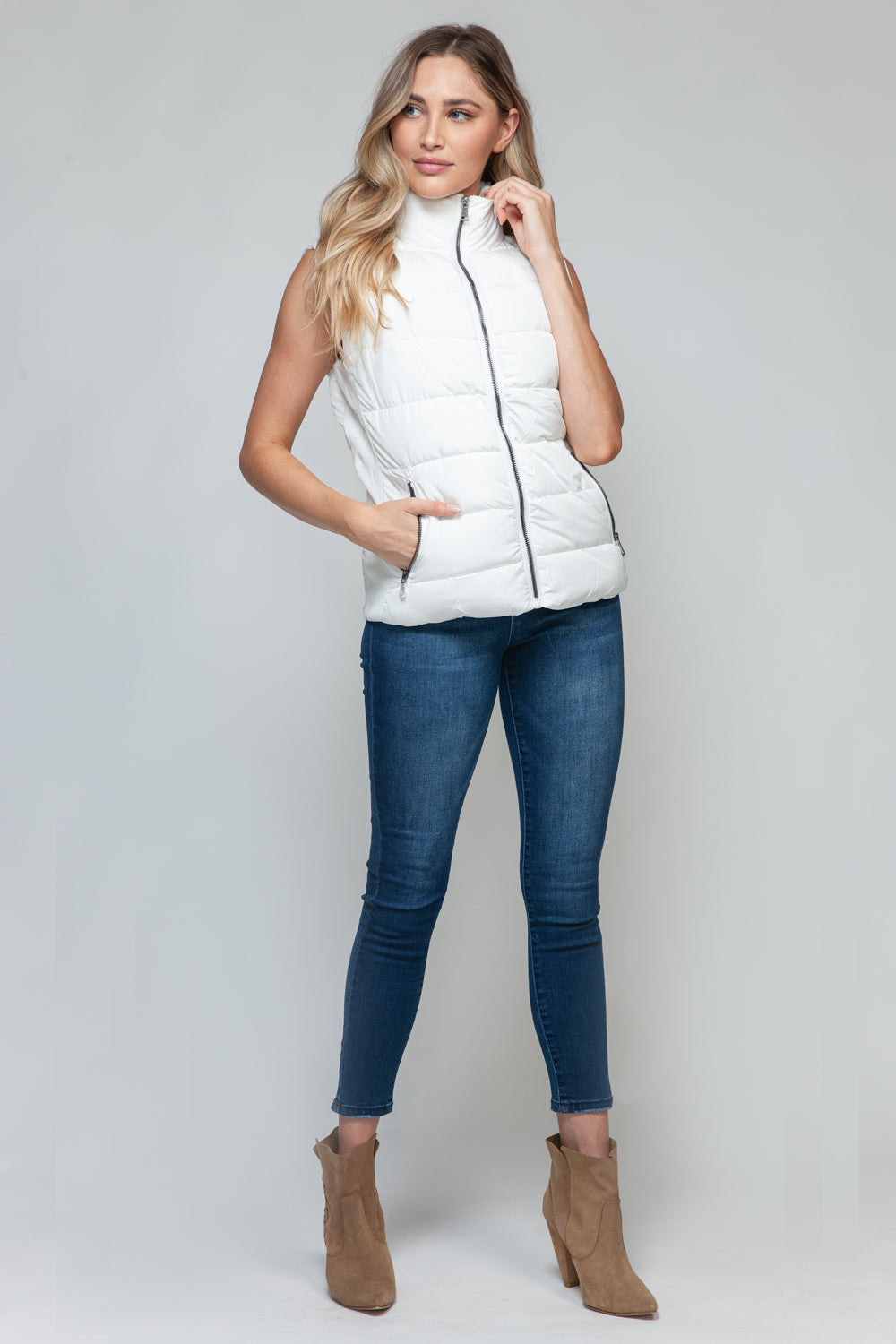 Vest-Zip Up Turtleneck with Pockets-White