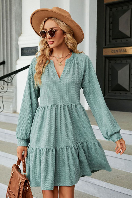 *PRESALE-Dress-Notched Neck Long Sleeve Mini