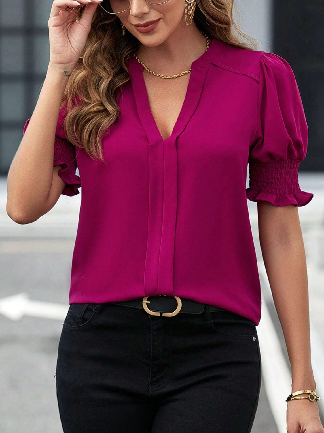 Blouse-Notched Short Sleeve-7 Colors