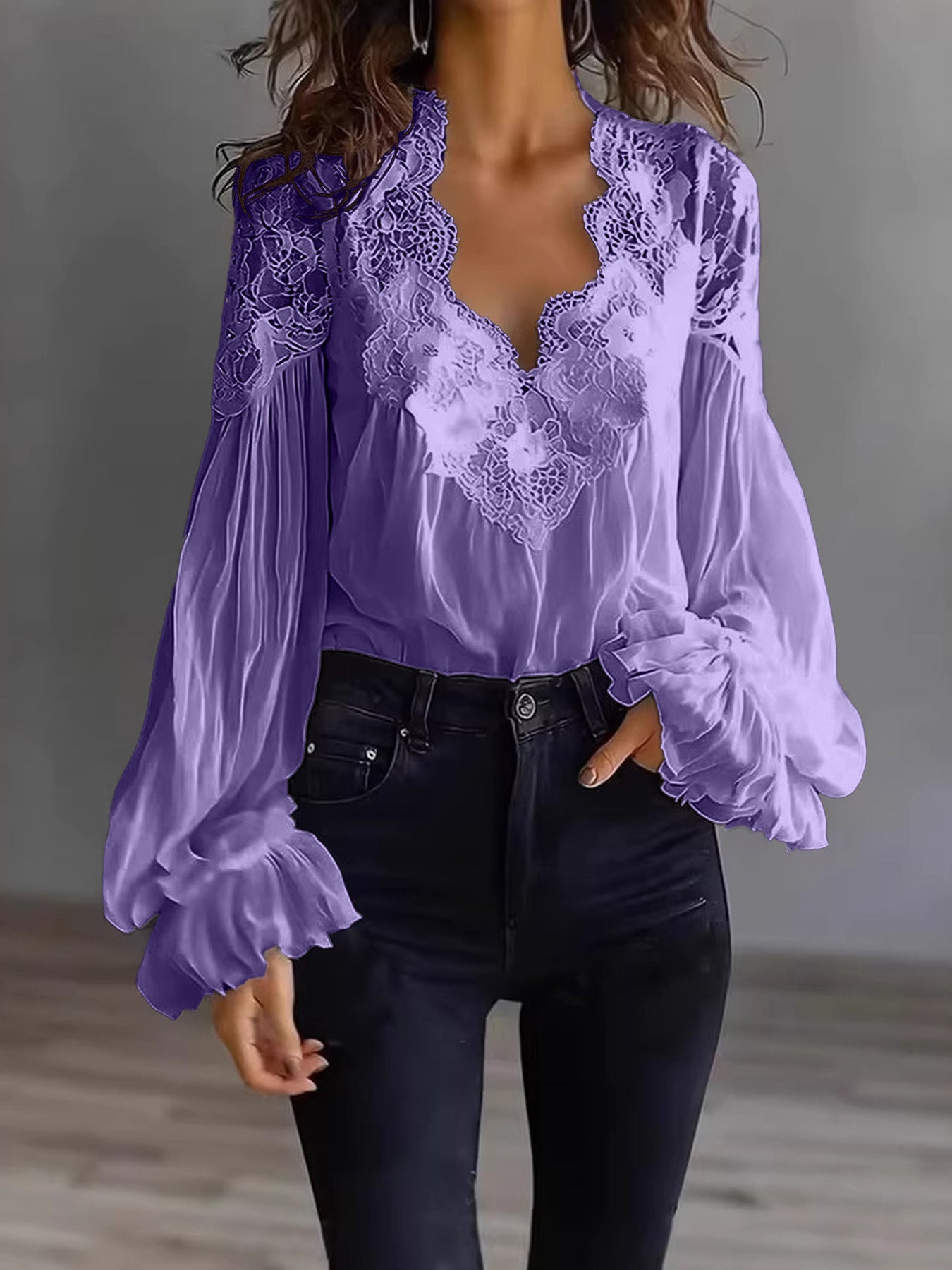 Blouse-Lace Patchwork Puff Sleeve Pleated