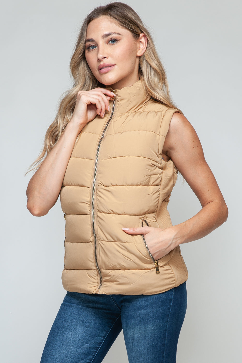 Vest-Zip Up Turtleneck with Pockets-Camel