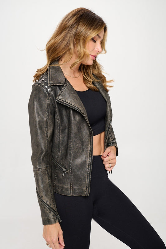 Jacket-Studded Classic Moto Faux Leather