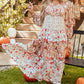 Full Size Printed V-Neck Lantern Sleeve Midi Dress