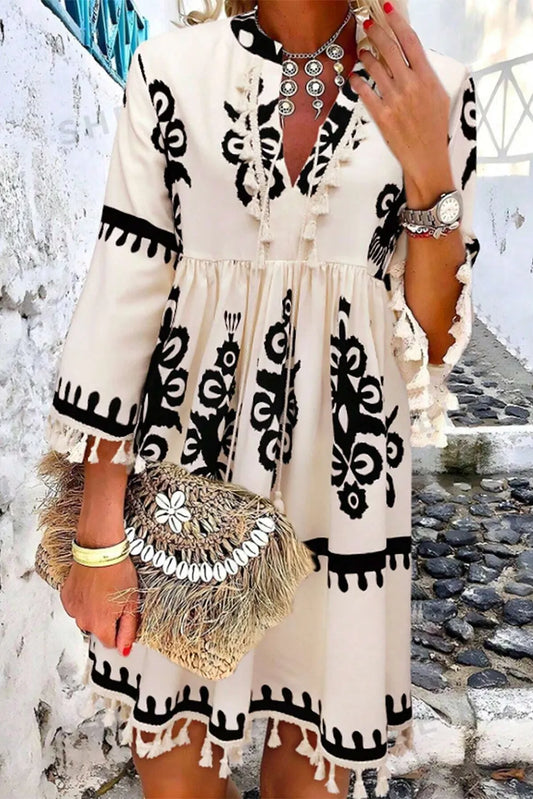 Dress-Tassel Printed Three-Quarter Sleeve Mini