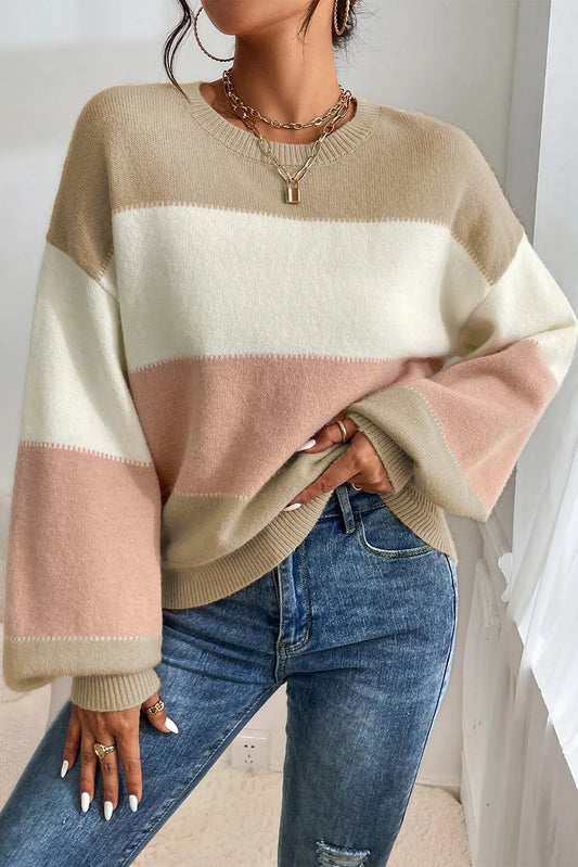 *PRESALE-Sweater-Color Block Round Neck Lantern Sleeve