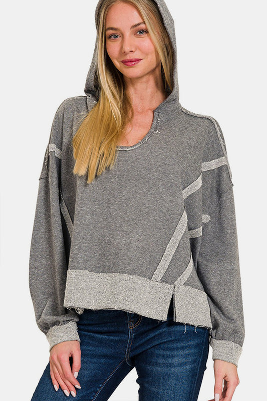 Sweatshirt-Contrast Trim Slit Hoodie