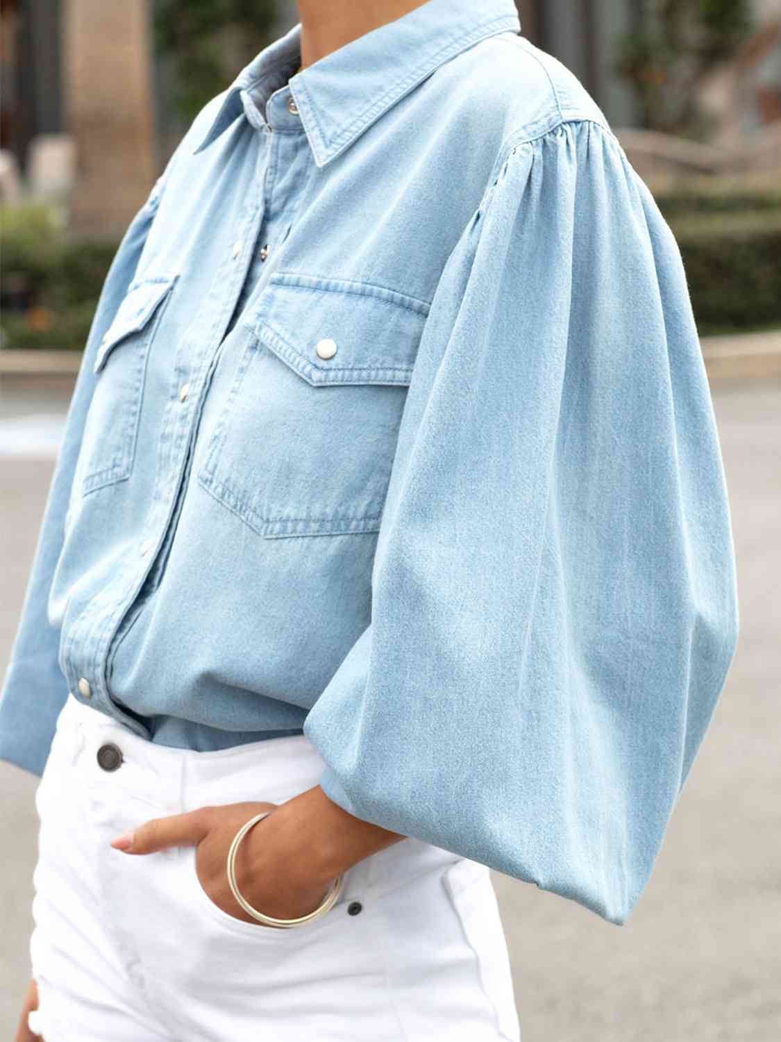 *PRESALE-Blouse-Snap Down Puff Sleeve Denim